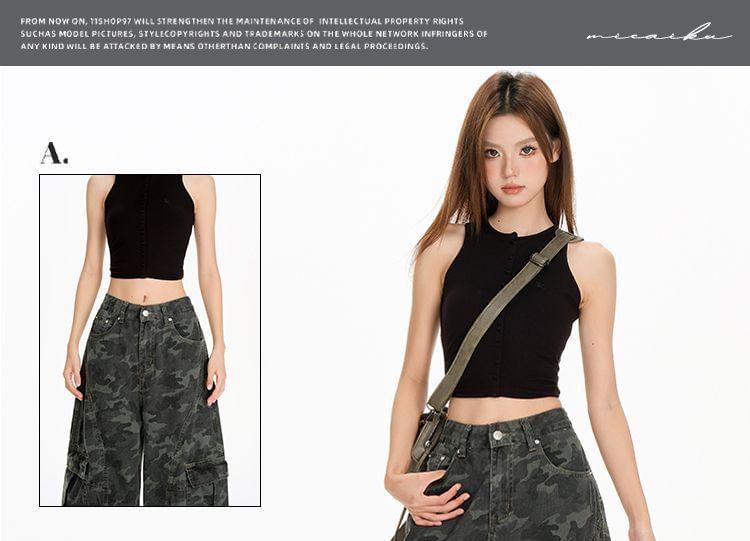 Mid Rise Camo Print Washed Wide Leg Cargo Jeans Product Image