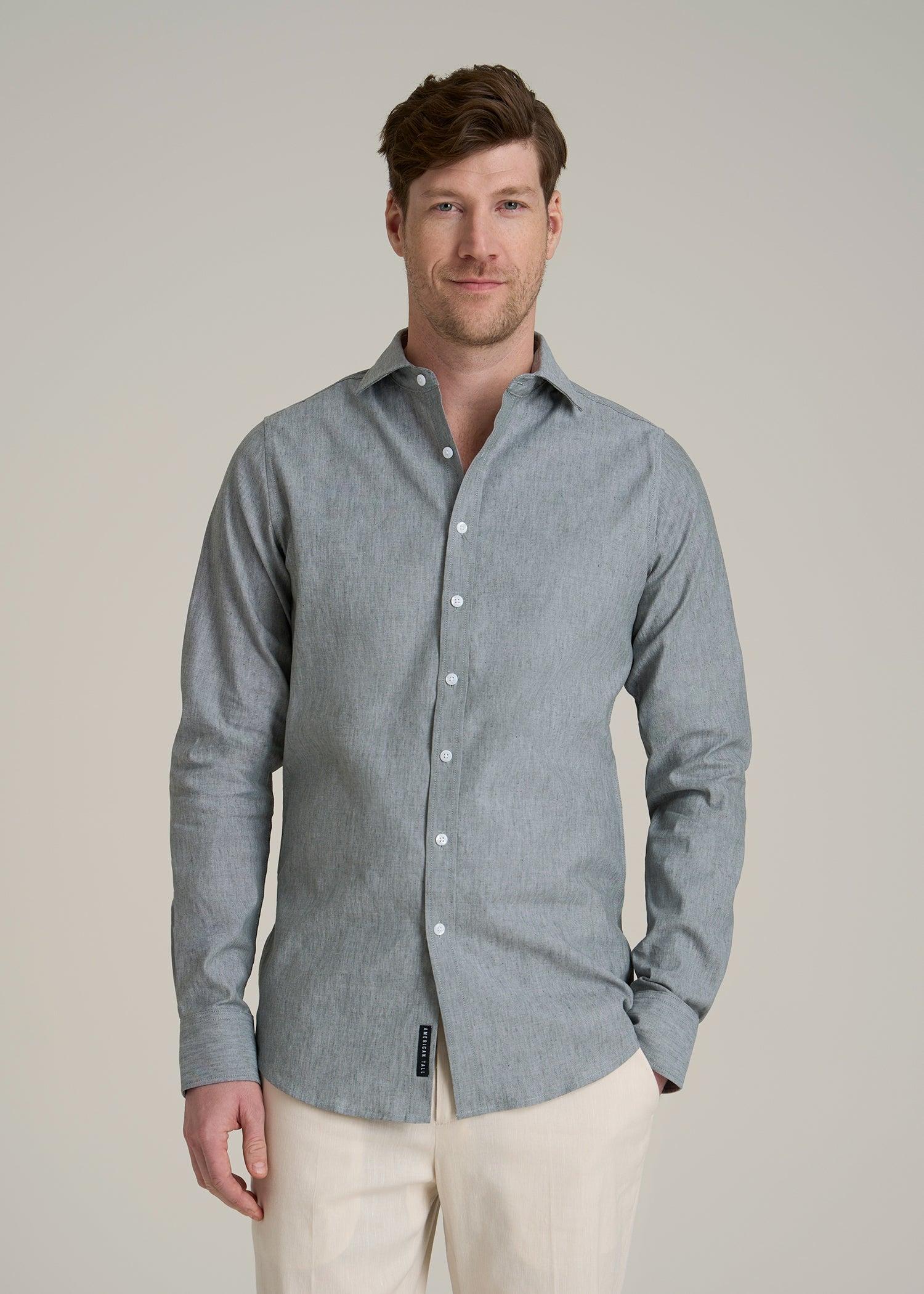 Stretch Linen Dress Shirt for Tall Men in Evergreen Mix Male Product Image