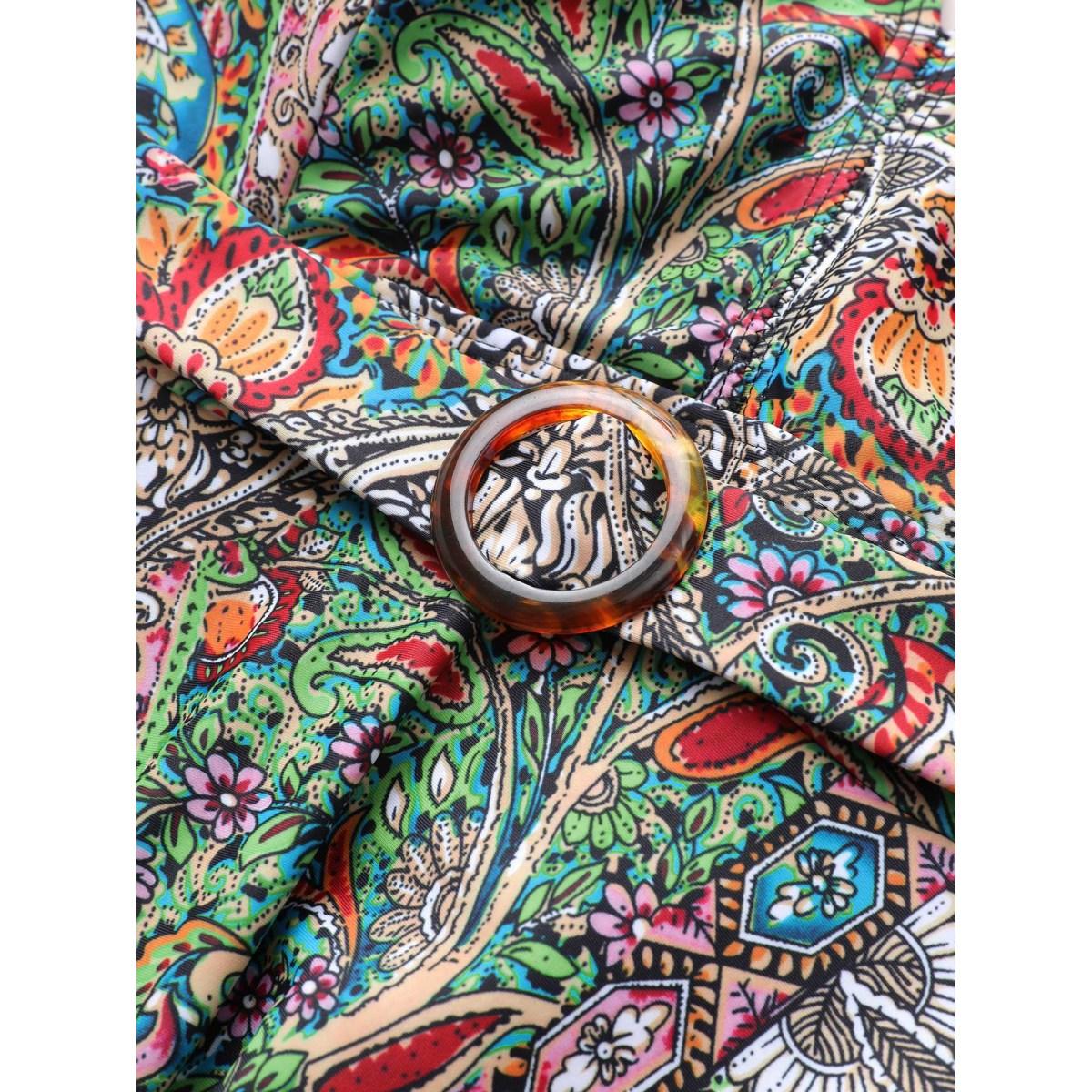 Plus Size Bandana Print Buckle Detail Gathered Swim Dress Women's Swimwear Multicolor Beach Bodycon V-neck High stretch Curve Swim Dresses BloomChic 26/4X Product Image