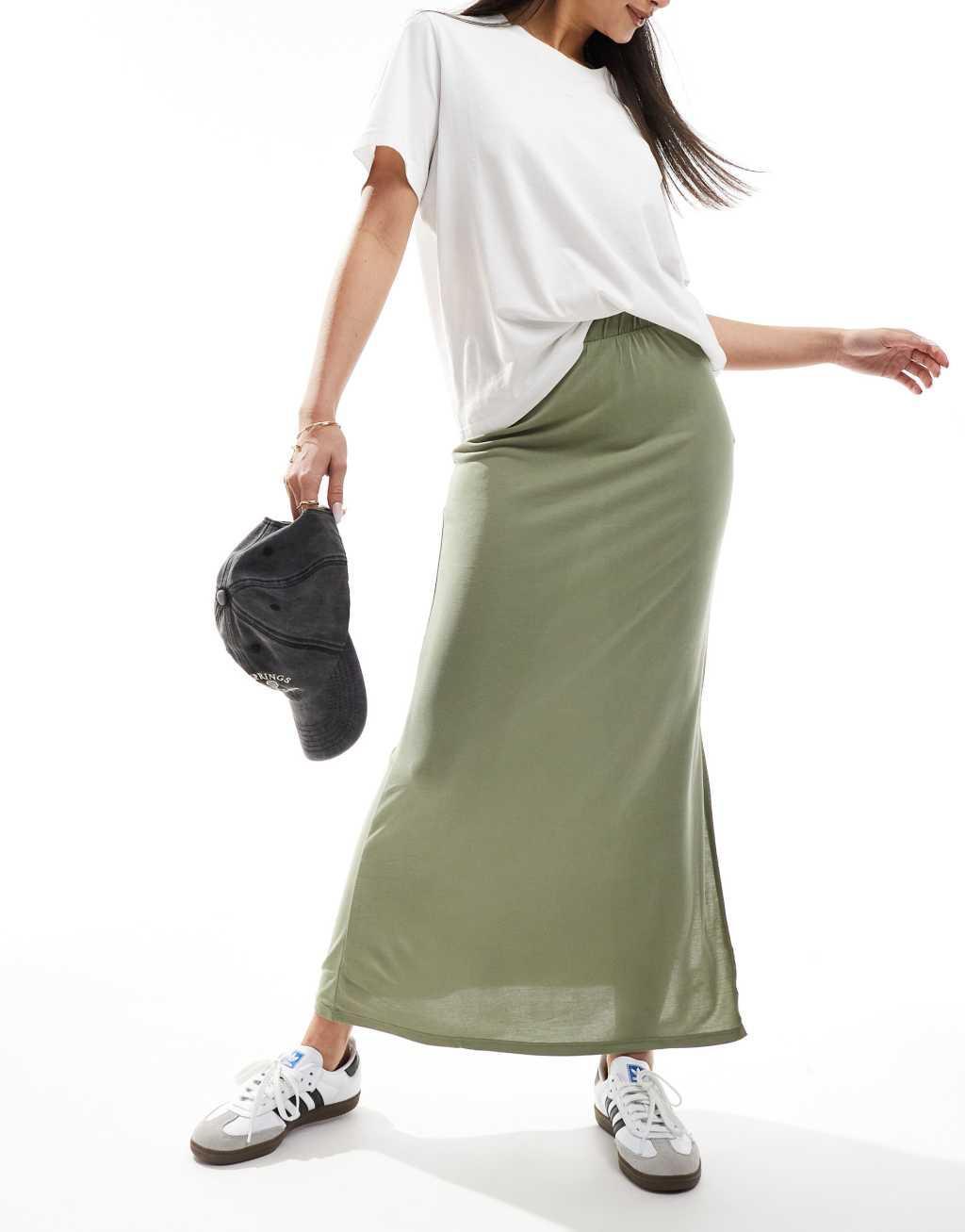 Vila slinky maxi skirt with split in green Product Image