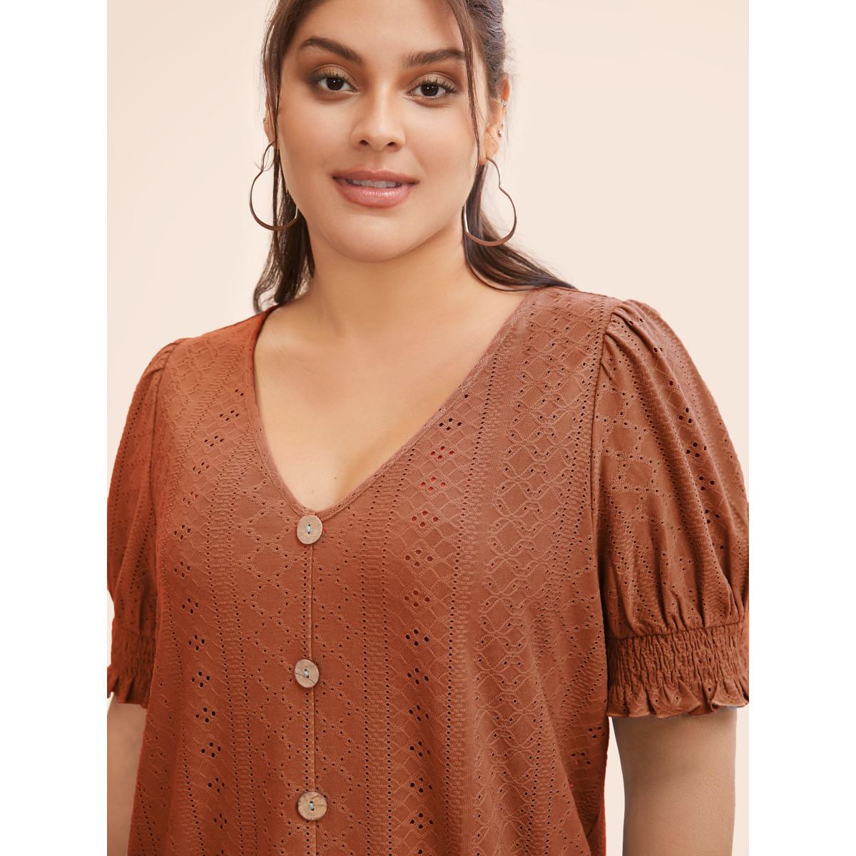 Plus Size Plain Broderie Anglaise Shirred Puff Sleeve Button Detail T-shirt Rust Women Casual Button Plain V-neck Everyday T-shirts BloomChic 30/6X Product Image