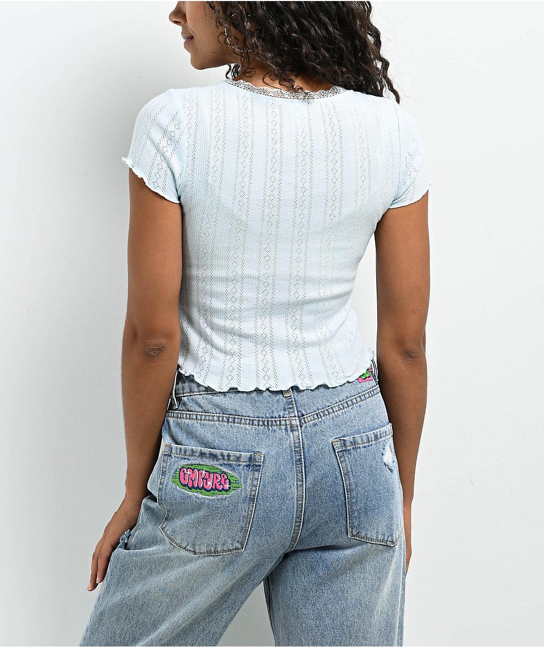 Zine Rosie Ice Blue Pointelle Crop T-Shirt Product Image