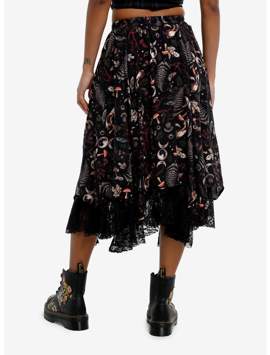 Thorn & Fable Dark Woodland Celestial Print Hanky Hem Midi Skirt Product Image