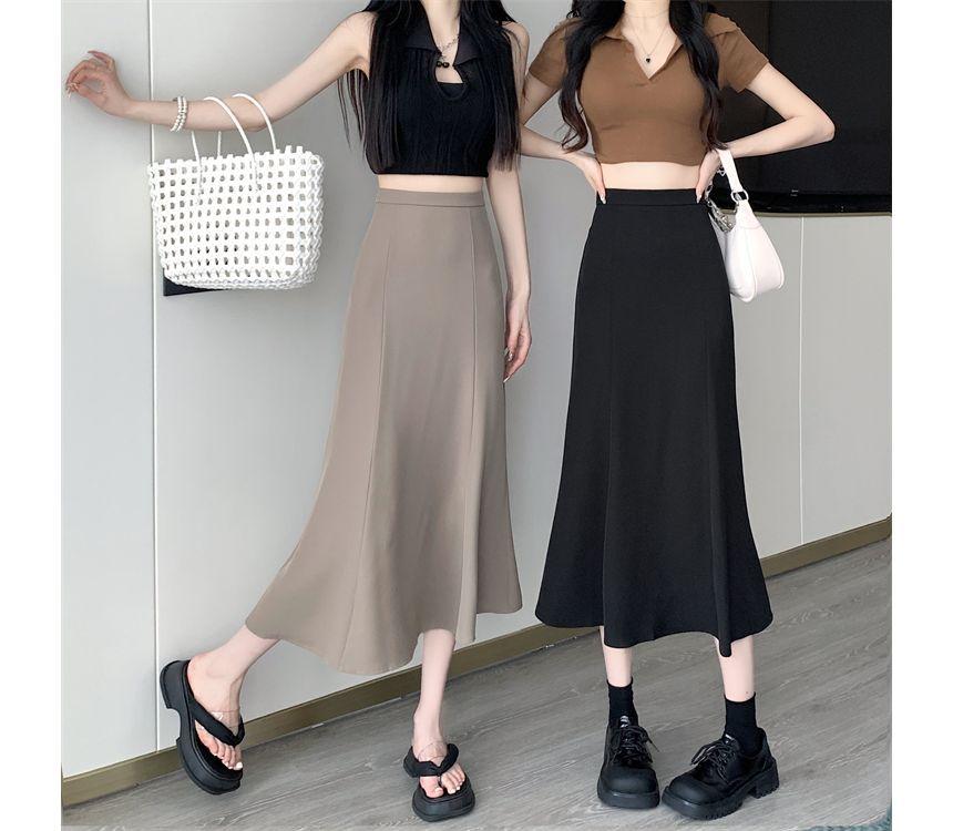 High Rise Plain Midi A-Line Skirt Product Image