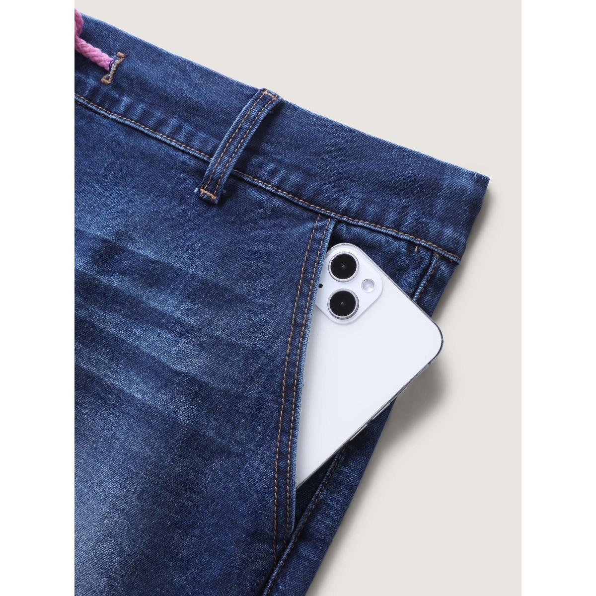 Plus Size Pull-On Drawstring Waist Crop Jeans Women Midblue Casual Medium stretch Slanted pocket Jeans BloomChic 14/1X Product Image