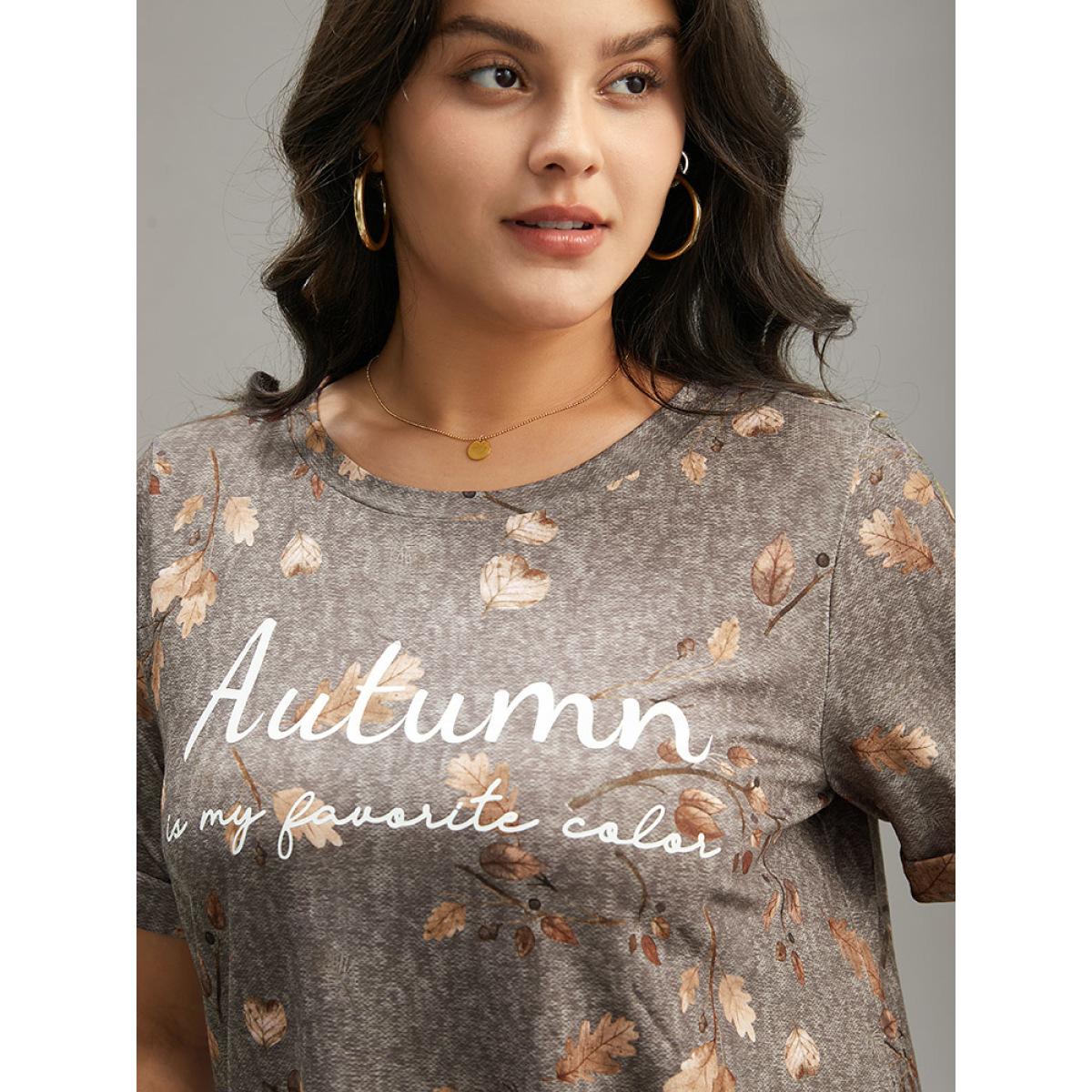 Plus Size Halloween Letter & Plant Print Cuffed Sleeve T-shirt Gray Women Casual Printed Positive slogan Round Neck Festival-Halloween T-shirts BloomChic 22-24/3X Product Image