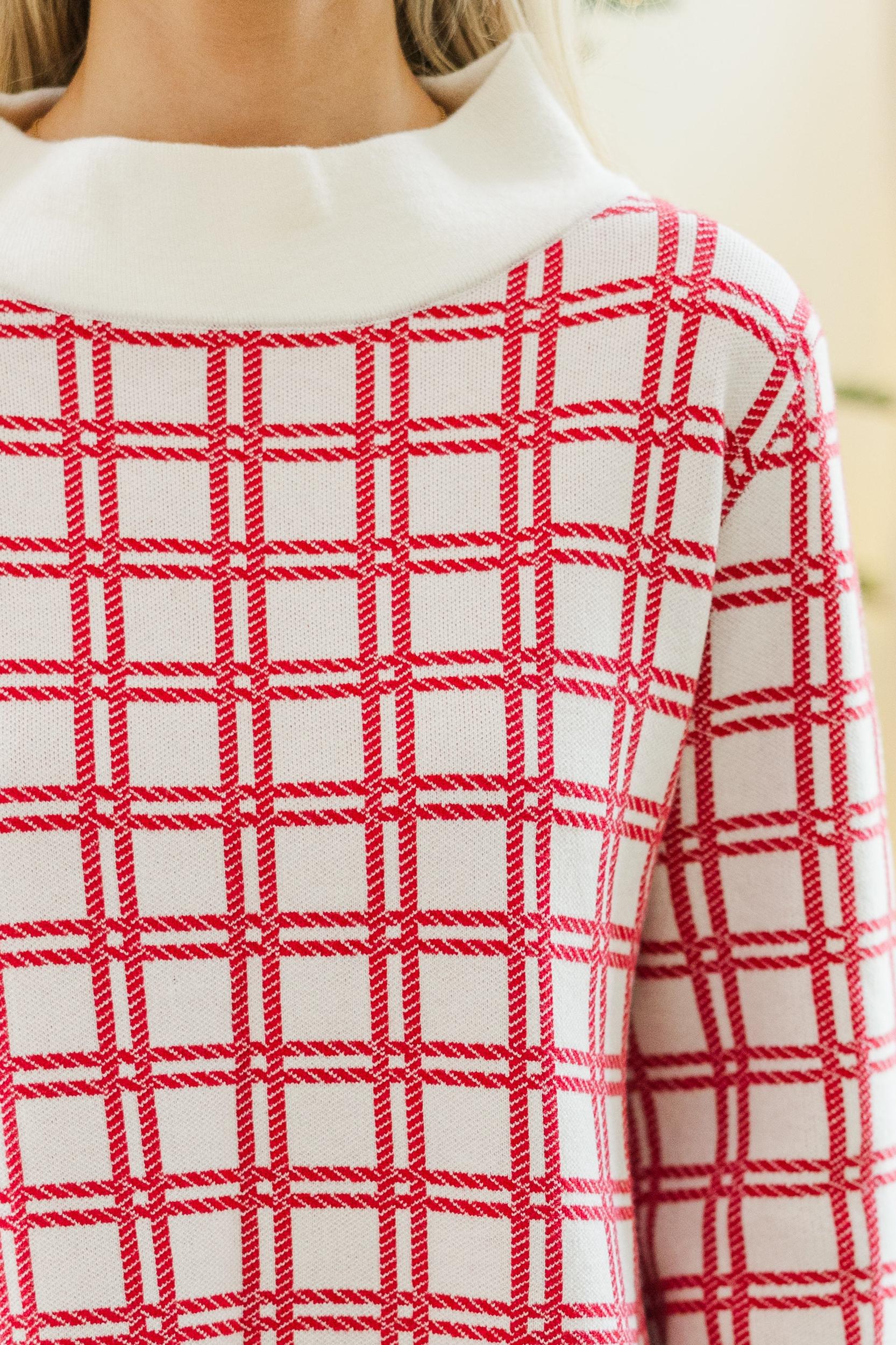 Just A Feeling Red Plaid Mock Neck Sweater Female Product Image