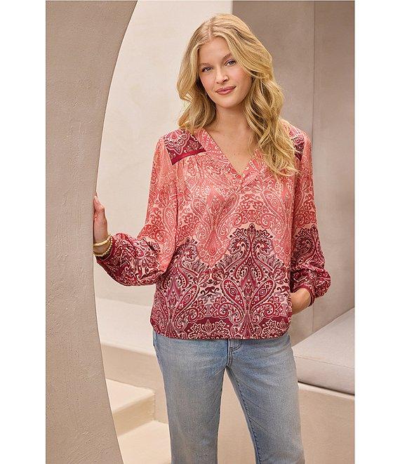 Liverpool Los Angeles Woven Printed V-Neck Long Sleeve Blouse Product Image