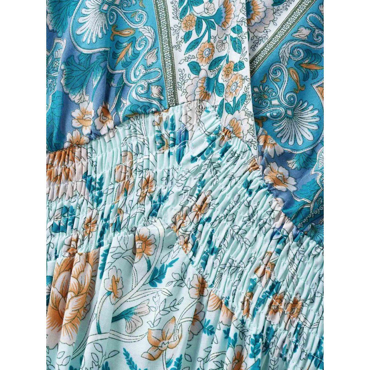 Plus Size Floral Dolman Sleeve Ruffles Shirred Split Hem Dress Turquoise Women Resort Non V-neck Short sleeve Curvy Midi Dress BloomChic 12/L Product Image