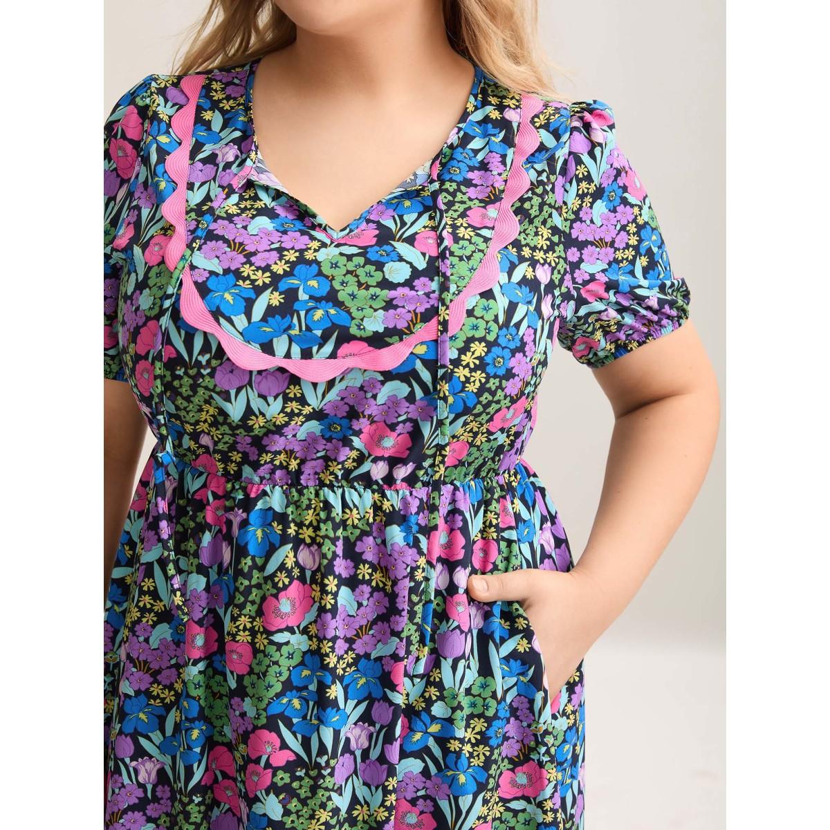 Plus Size Floral Contrast Webbing Neck Tie Midi Dress BlackFlower Women Elegant Woven ribbon&lace trim Flat collar with V-notch Short sleeve Curvy BloomChic 18-20/2X Product Image