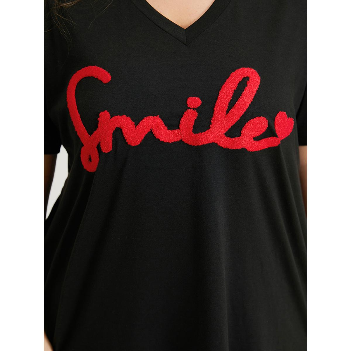Plus Size Letter Embroidered V Neck T-shirt Black Women Casual Embroidered Letter Dailywear T-shirts BloomChic 14-16/1X Product Image