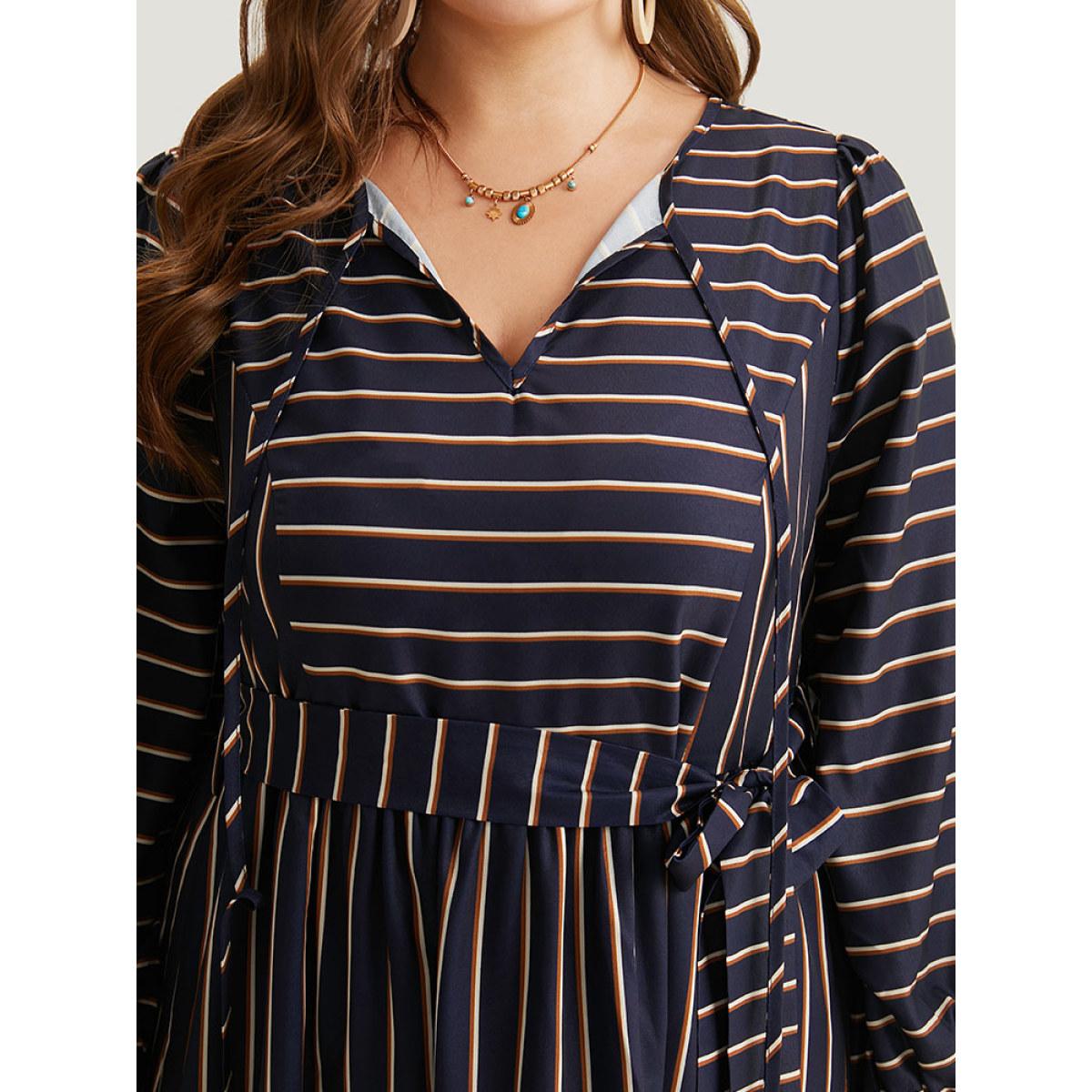 Plus Size Striped Tie Neck Pocket Ties Dress Indigo Women Vacation Elastic cuffs Tie Neck Long Sleeve Curvy Midi Dress BloomChic 30/6X Product Image