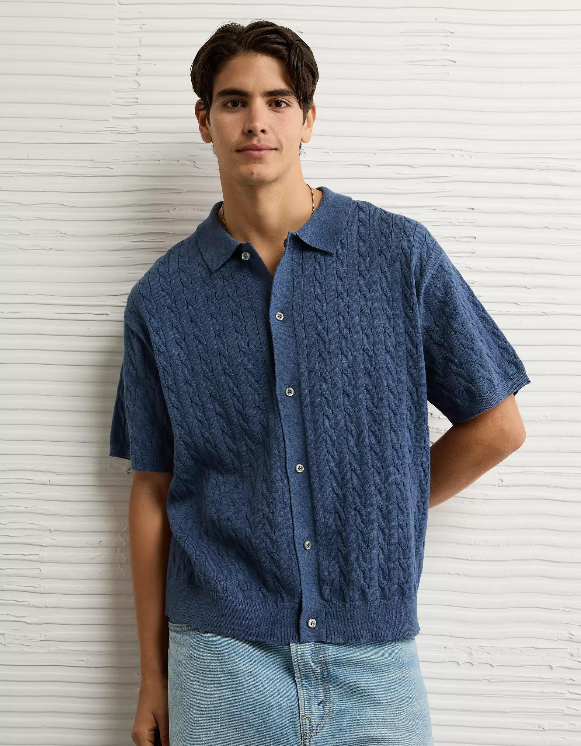 AE Weekend Cable Knit Button-Up Sweater Polo Shirt Product Image