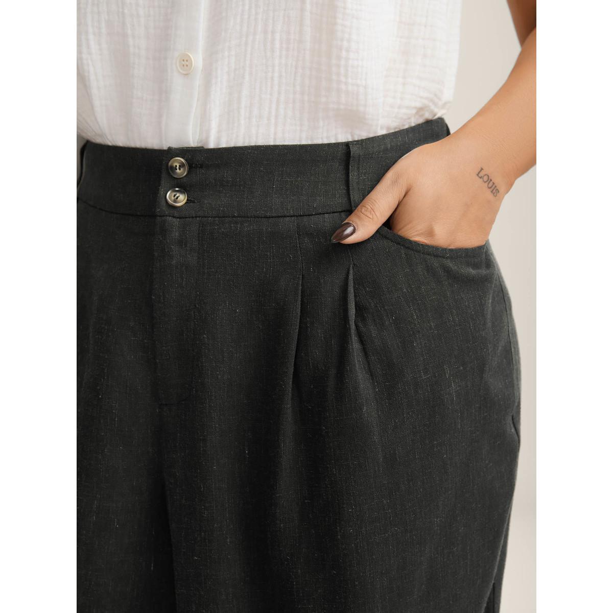 Plus Size Rayon-Linen Pleated Straight-Leg Pants Women Black Resort Straight Leg Mid Rise Vacation Pants BloomChic 14-16/1X Product Image