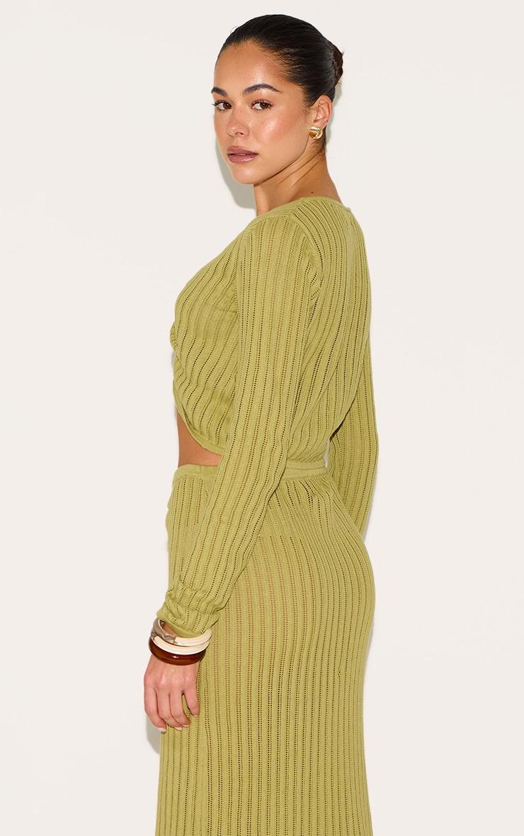 Olive Pointelle Knit Trim Detail Long Sleeve Top Product Image