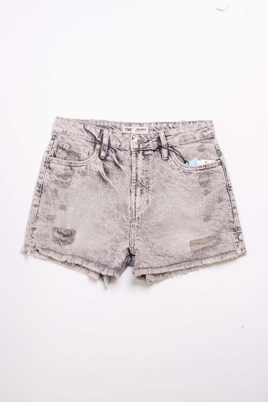 Grey Washed High Rise Frayed Denim Shorts Product Image