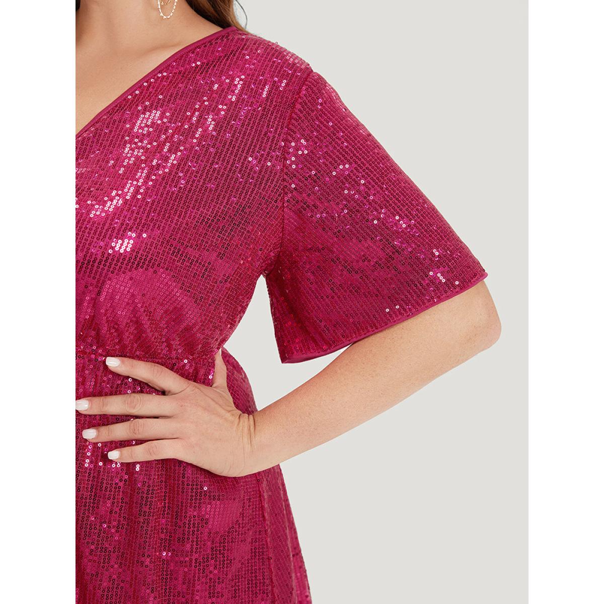 Plus Size Sequin Overlap Collar Elastic Waist Dress RedViolet Women Party Wrap Overlap Collar Short sleeve Curvy Midi Dress BloomChic 18-20/2X Product Image