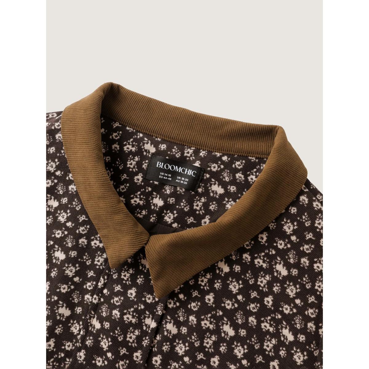 Plus Size Floral Print Contrast Collar Jacket Women Browncoffeecolor Contrast Open pocket with flap Casual Jackets BloomChic 18-20/2X Product Image