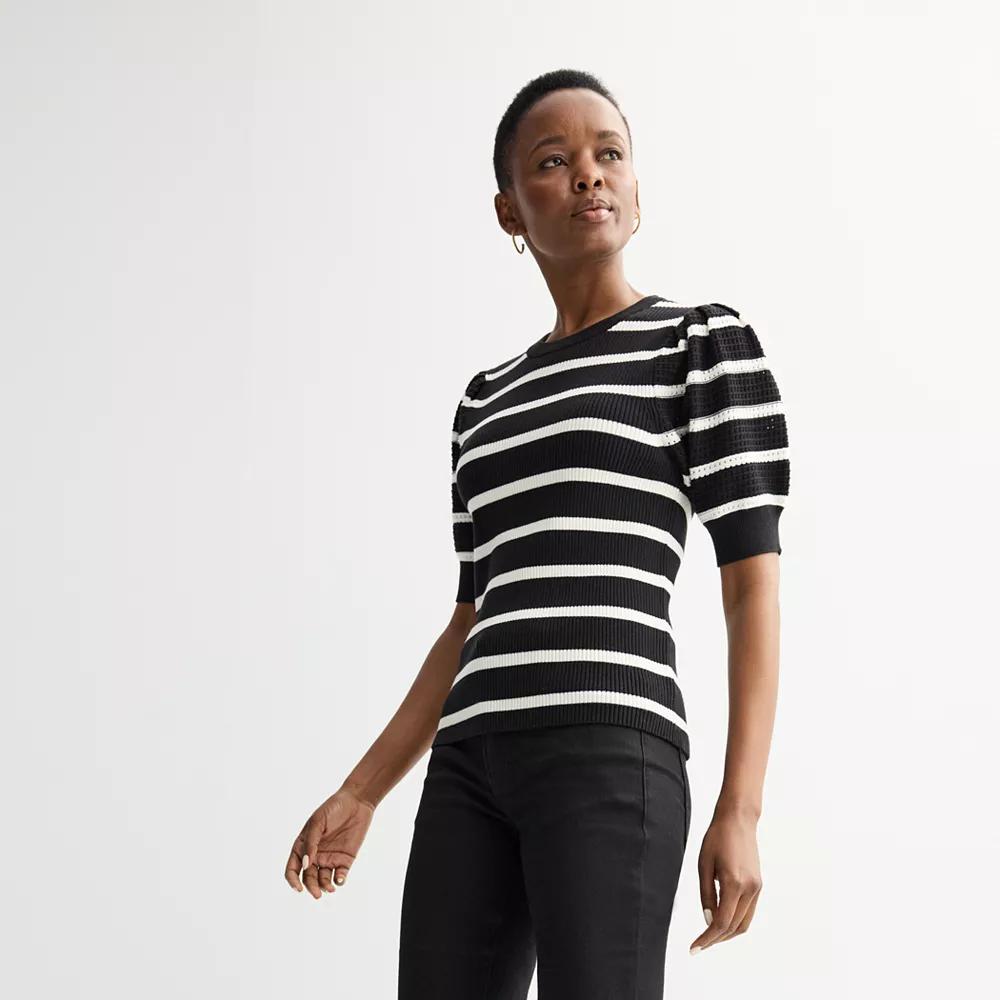 Petite Nine West Ribbed Crewneck Short Sleeve Sweater, Women's, Size: Small Petite, White Black Product Image