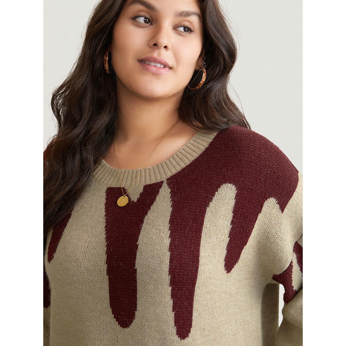 Plus Size Supersoft Essentials Asymmetrical Colorblock Jacquard Pullover Tan Women Casual Loose Long Sleeve Round Neck Dailywear Pullovers BloomChic 18-20/2X Product Image