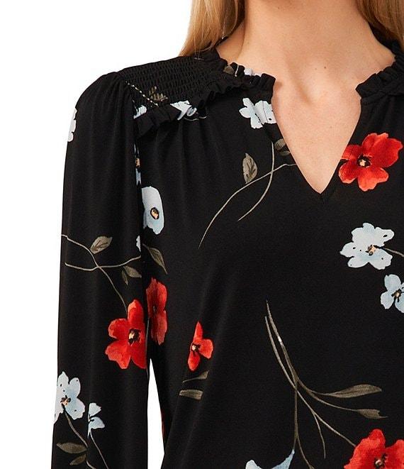 CeCe Floral Print Split V-Neck Long Blouson Sleeve Smocked Ruffle Shoulder Crepe Knit Top Product Image