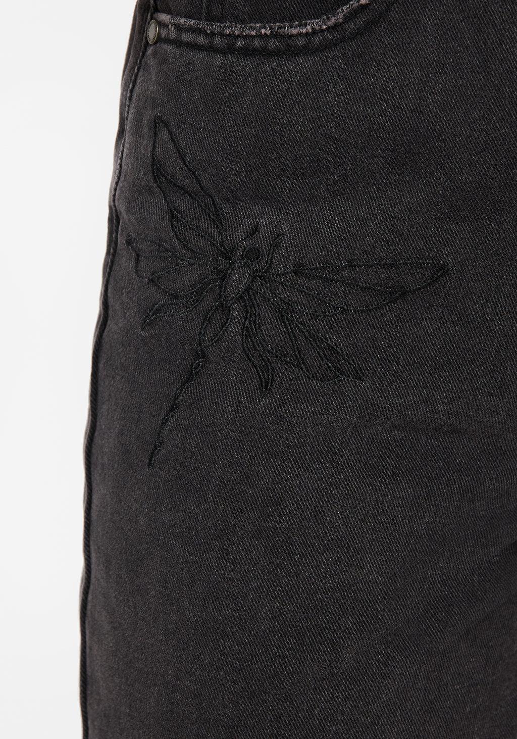 Dragonfly Embroidered Wide Leg Denim Culotte Jeans Product Image