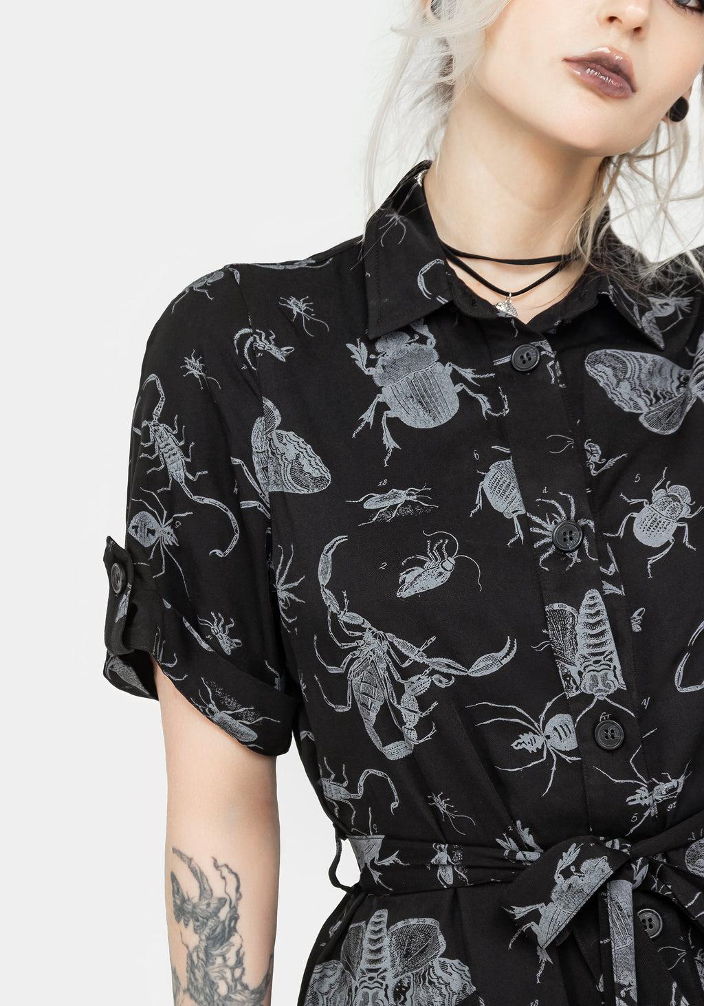 Parasite Bugs Short Sleeve Mini Shirt Dress - Black Product Image