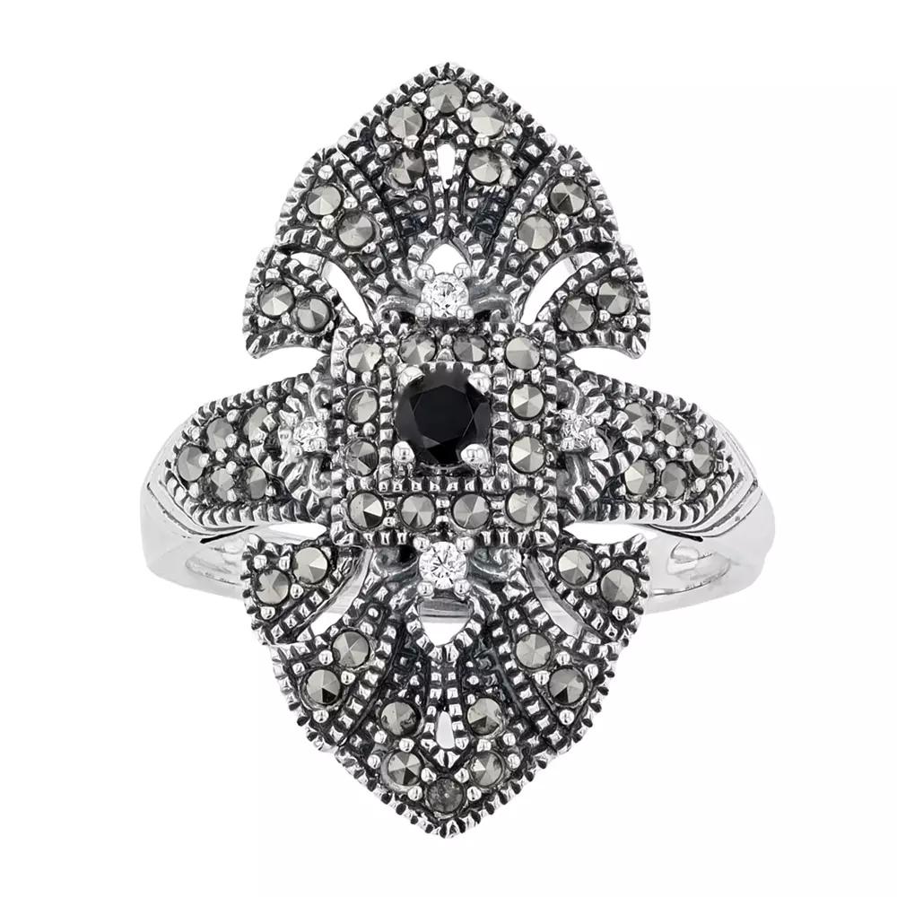 Lavish by TJM Sterling Silver Black Spinel & Marcasite & Cubic Zirconia Accent Ring, Women's, Size: 7 Product Image