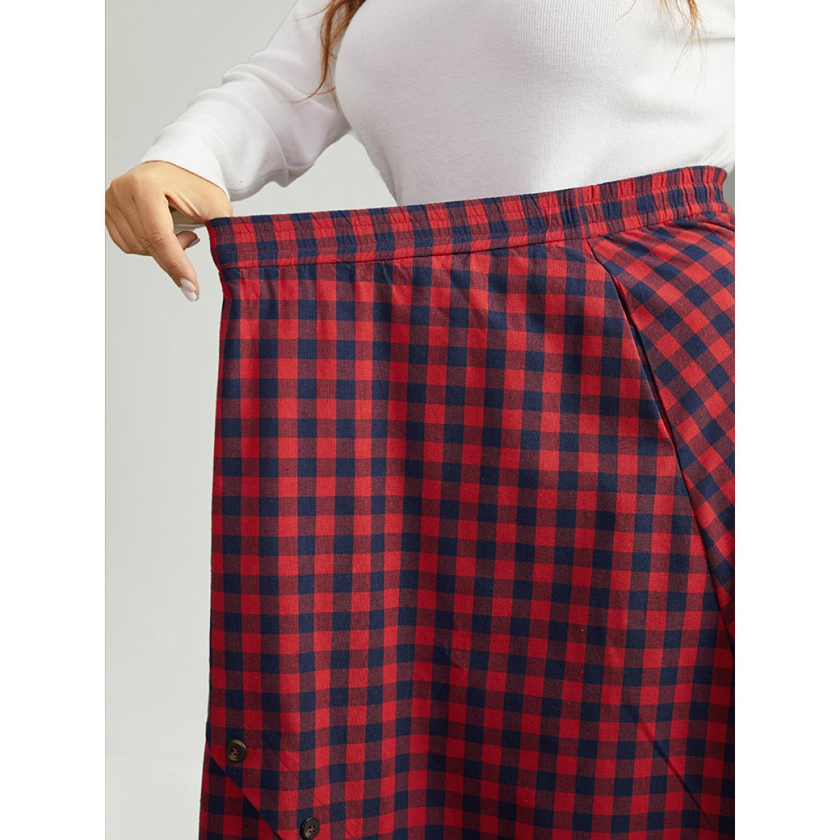 Plus Size Gingham Pocket Elastic Waist Button Detail Skirt Women Scarlet Elegant Elastic Waist Loose No stretch Pocket Festival-Christmas Skirts BloomChic 10/M Product Image