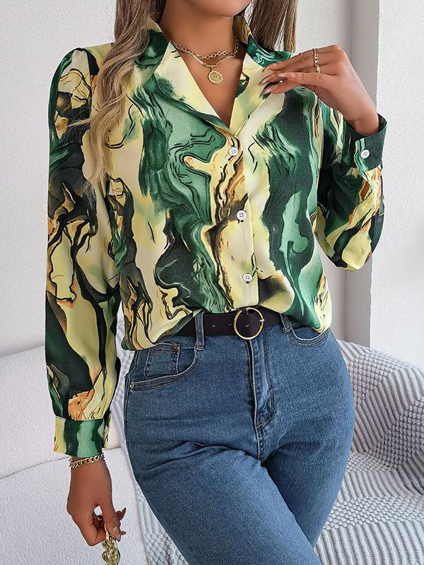 Long Sleeves Loose Buttoned Printed Notched Collar Blouses&Shirts Tops Product Image