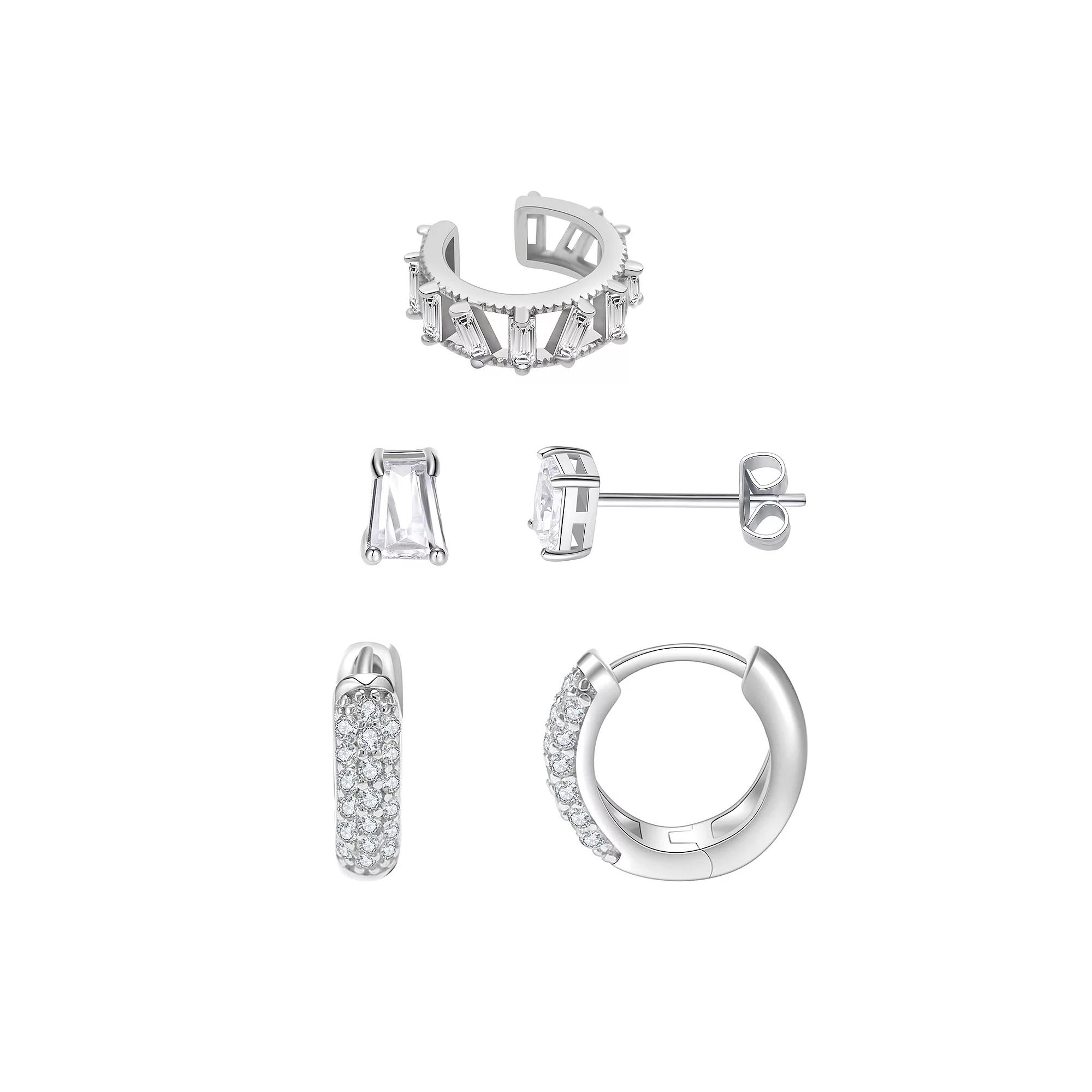 Chrystina Silver Tone Cubic Zirconia Stud, Hoop & Ear Cuff Earring Set, Women's Product Image