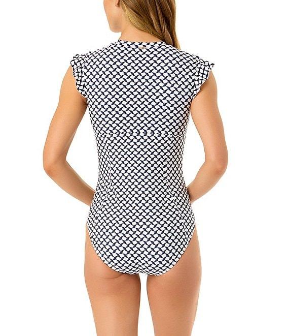 Anne Cole Neo Geo Crew Neck Flutter Sleeves Zip Front One Piece Swimsuit Product Image