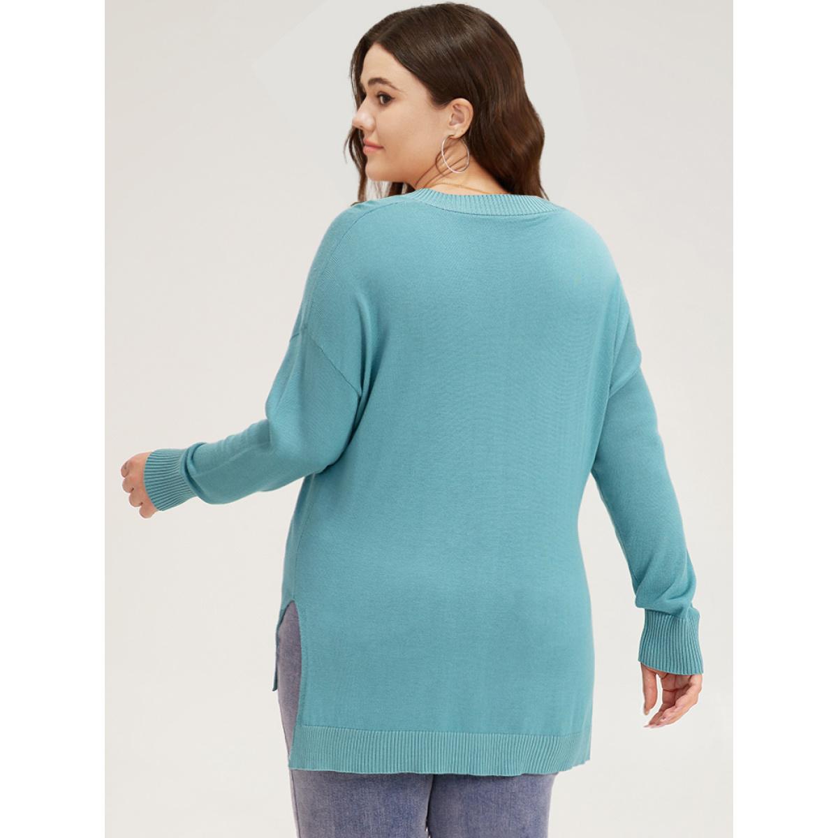 Plus Size Supersoft Essentials Bowknot Front Split Side Pullover Cerulean Women Casual Loose Long Sleeve V-neck Dailywear Pullovers BloomChic 22-24/3X Product Image