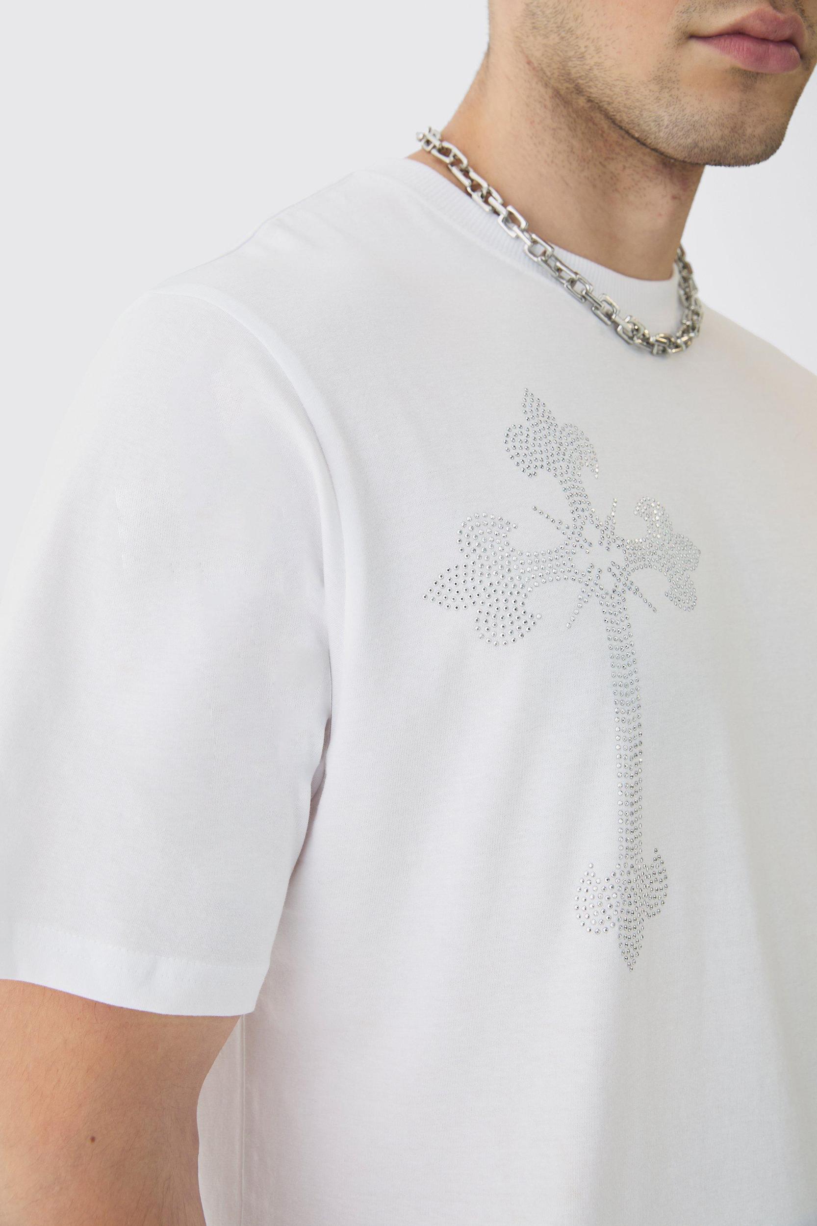Tall Oversized Cross Rhinestone Graphic T Shirt In White | boohooMAN USA Product Image