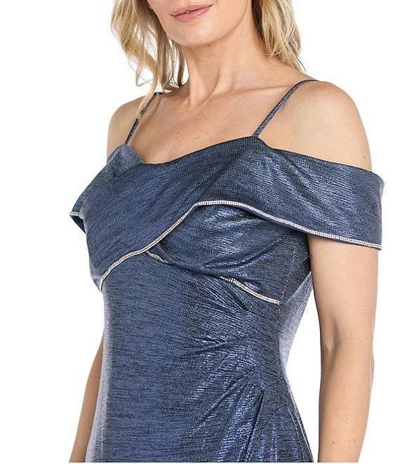 R & M Richards Rhinestone Trim Banded Cold Shoulder Side Drape Dress Product Image