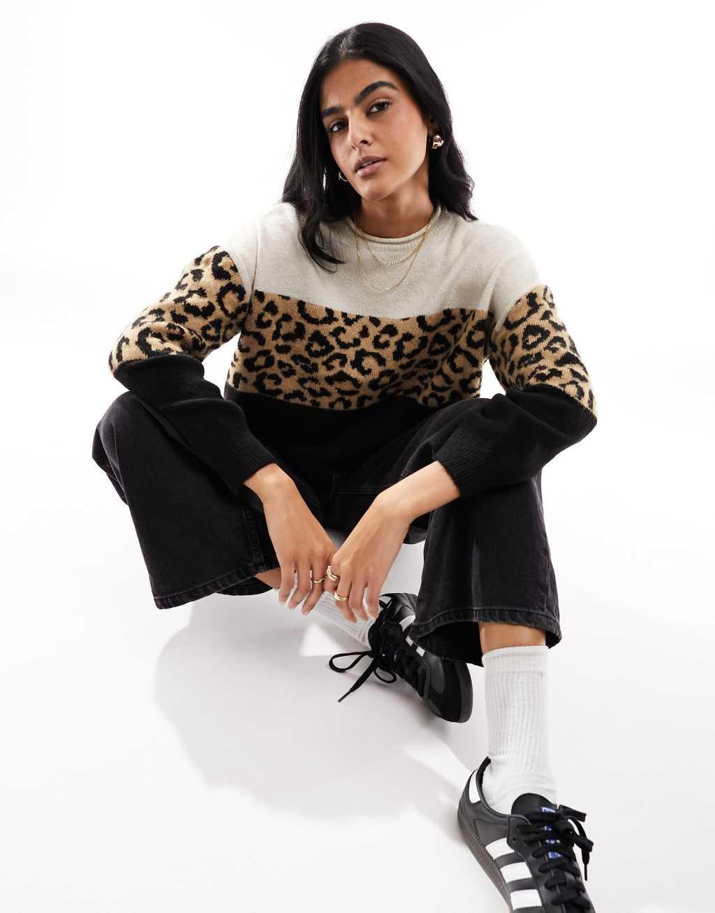 ONLY animal print color block sweater in black & white Product Image