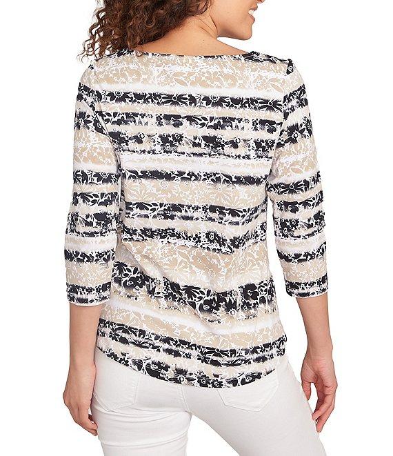 Ruby Rd. Soft Jersey Knit Mixed Floral Watercolor Stripe Boat Neck 3/4 Sleeve Top Product Image