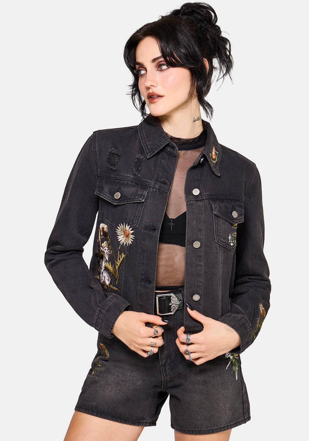 Faela Fairy Embroidered Distressed Denim Jacket Product Image