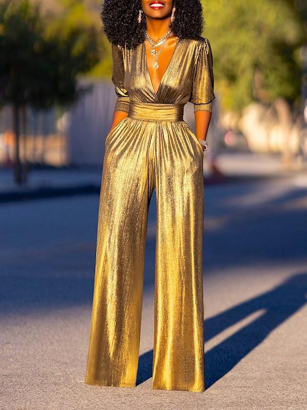 High Waisted Three-Quarter Sleeves Shiny Solid Color Deep V-Neck Jumpsuits Bottoms Product Image