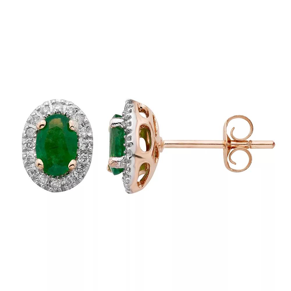 14k Rose Gold 1/6 Carat T.W. IGL Certified Diamond & Emerald Oval Earrings, Women's, Yellow Product Image