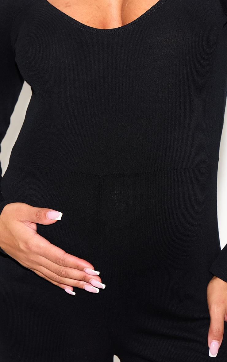 Maternity Black Rib Collar Detail Flare Leg Jumpsuit Product Image