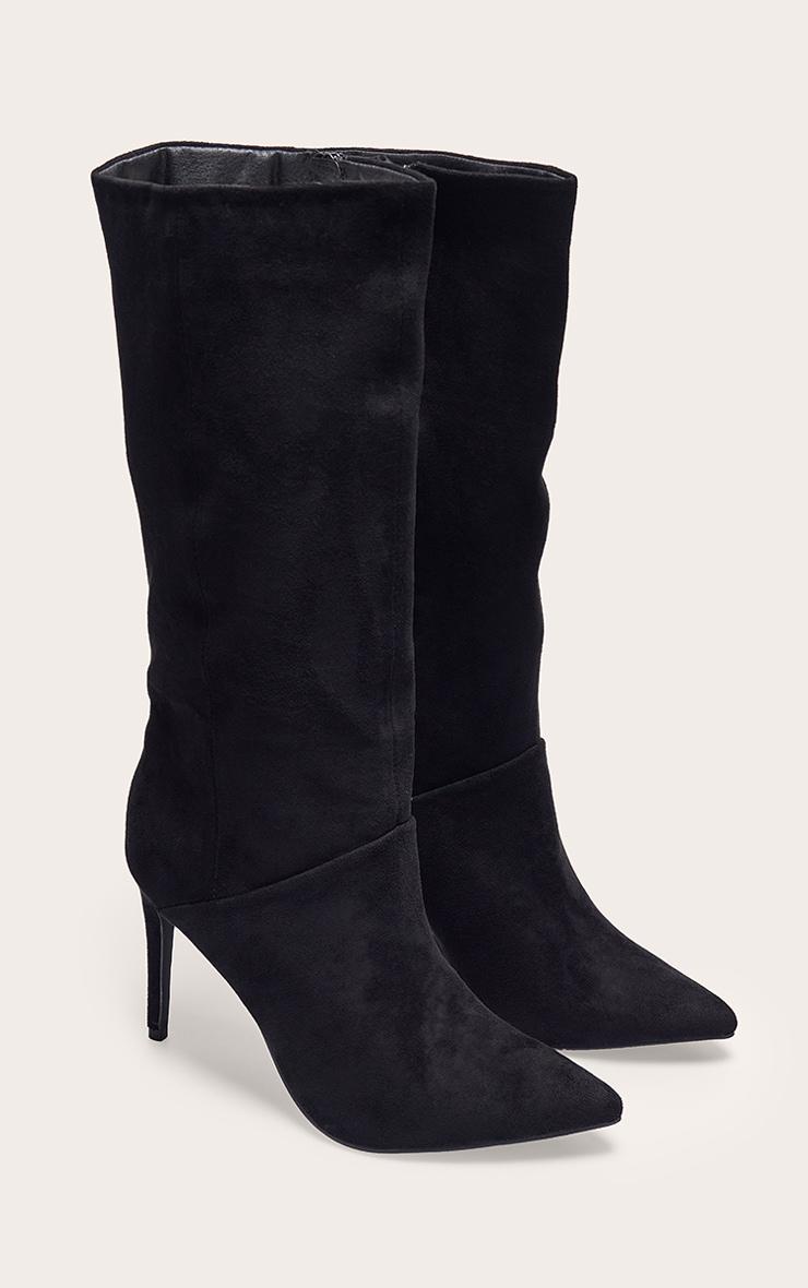 Black Faux Suede Point Toe Stiletto Heeled Calf High Boots Product Image