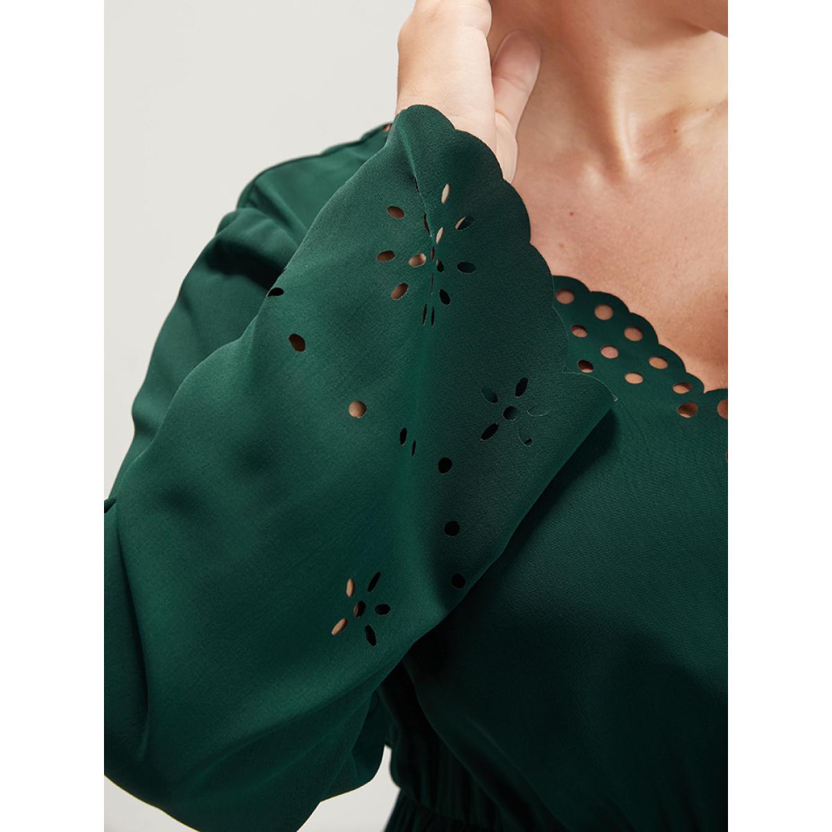 Plus Size Solid Bell Sleeve Wrap Laser Cut Flutter Hem Maxi Dress Green Women Elegant Cut-Out V-neck Long Sleeve Curvy Long Dress BloomChic 10/M Product Image