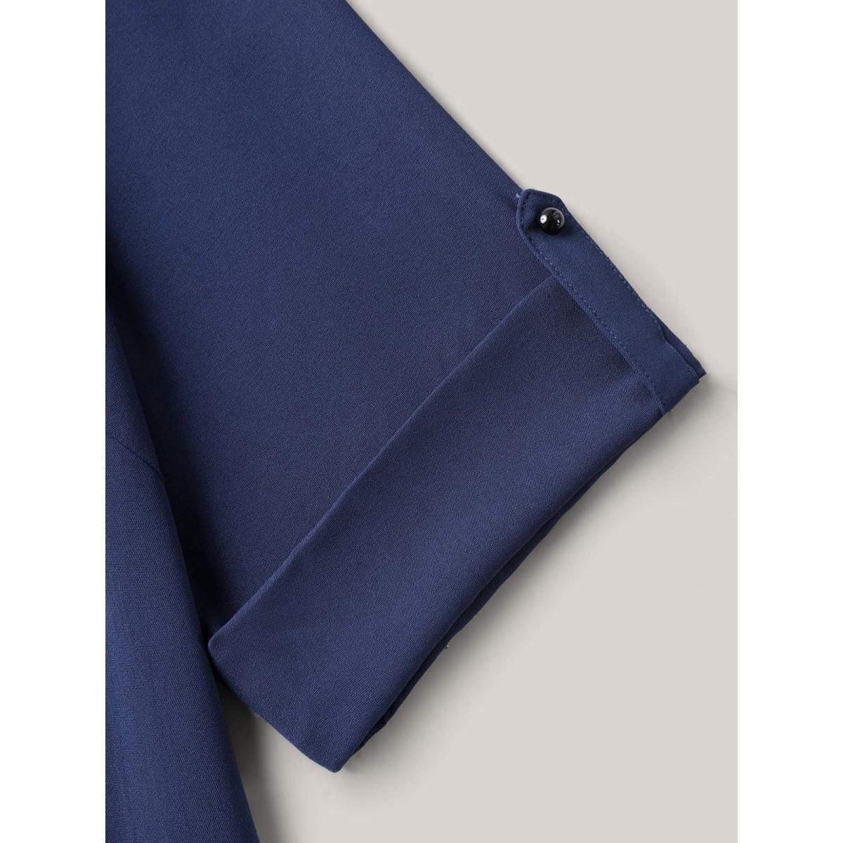 Plus Size DarkBlue Metal Button Pleated Front Blouse Women Elbow-length sleeve Round Neck Work Blouses BloomChic 22-24/3X Product Image