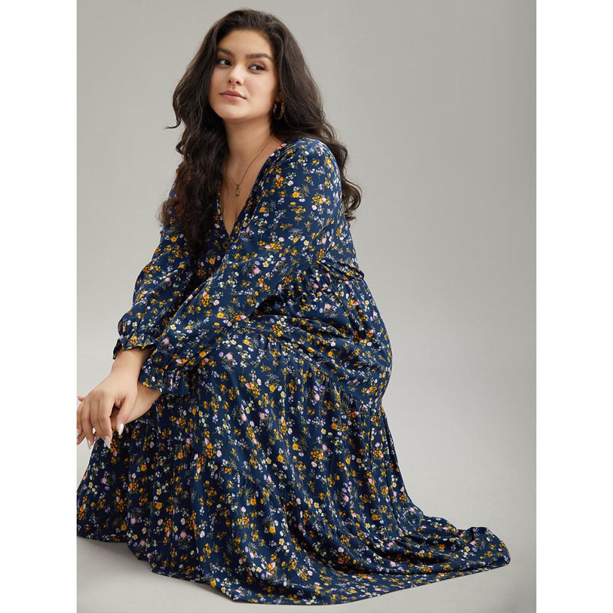 Plus Size Ditsy Floral Button Detail Ruffles Pocket Dress Navy Women Office Printed V-neck Long Sleeve Curvy Midi Dress BloomChic 14-16/1X Product Image