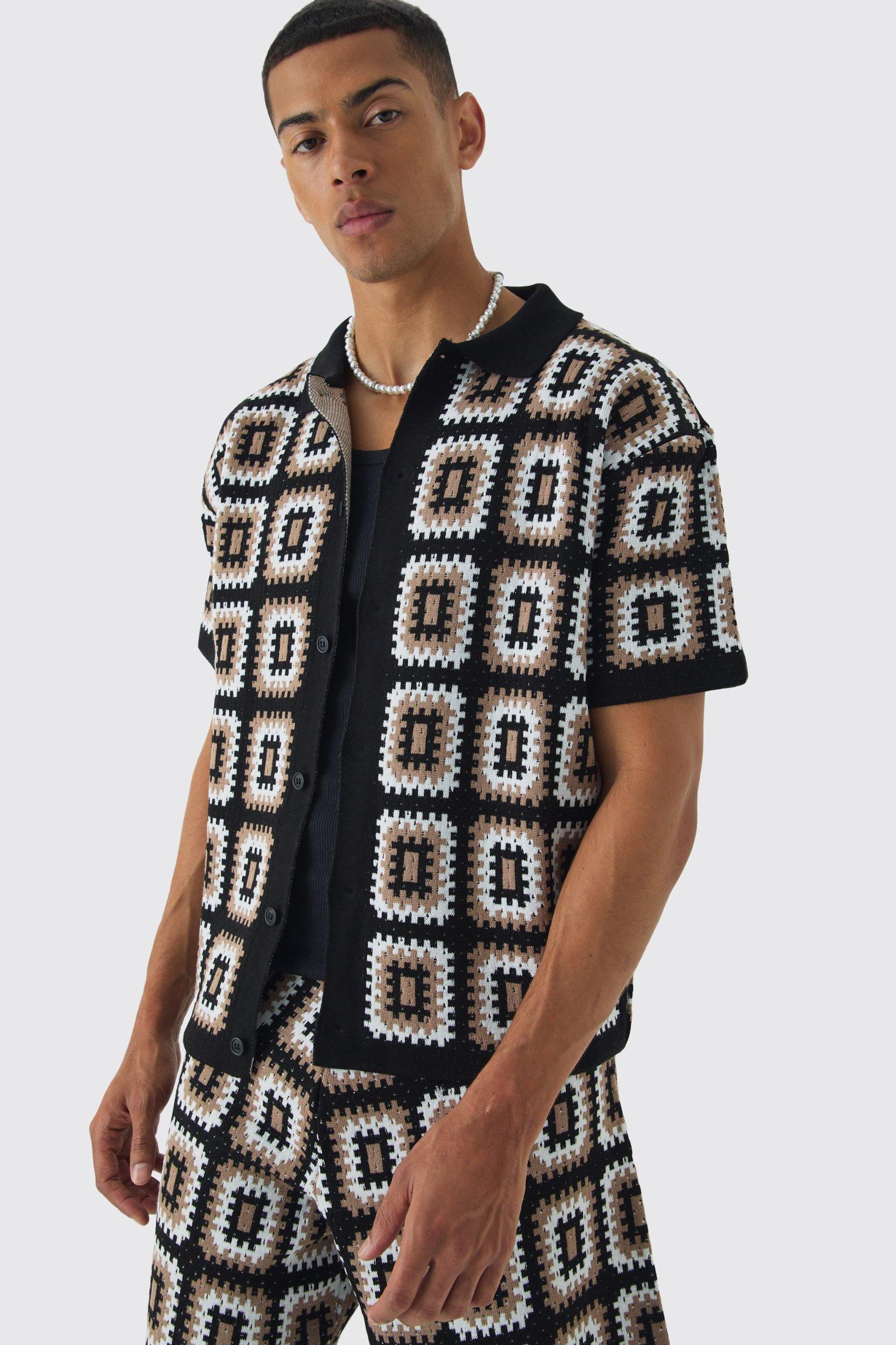 Oversized Boxy Crochet Knit Shirt And Short Set | boohooMAN USA Product Image