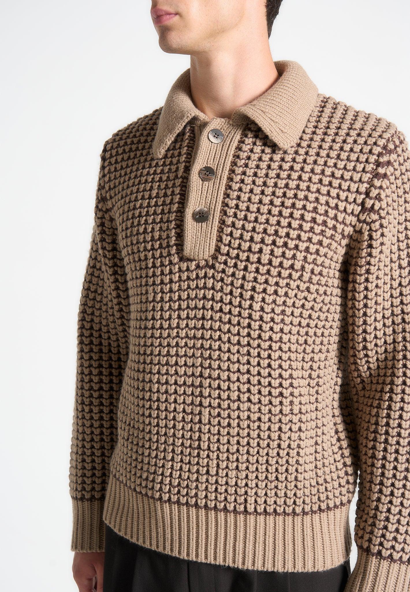 Textured Wool Knit Polo Jumper - Taupe Male Product Image