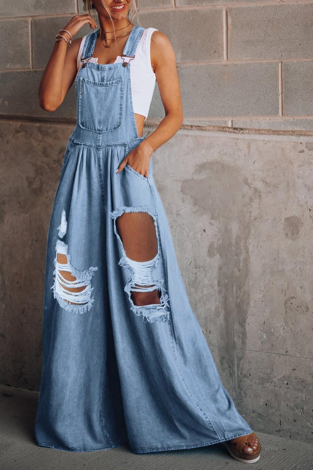 Distressed Wide Leg Denim Overalls Product Image