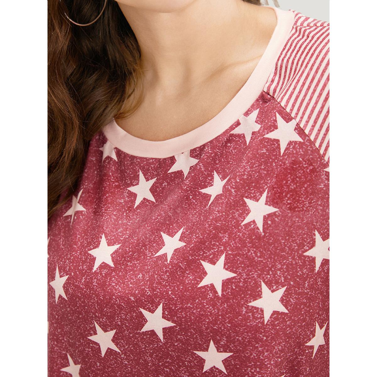 Plus Size Star Patchwork Striped Raglan Sleeve T-shirt Russet Women Casual Moon and Star Round Neck Dailywear T-shirts BloomChic 26/4X Product Image