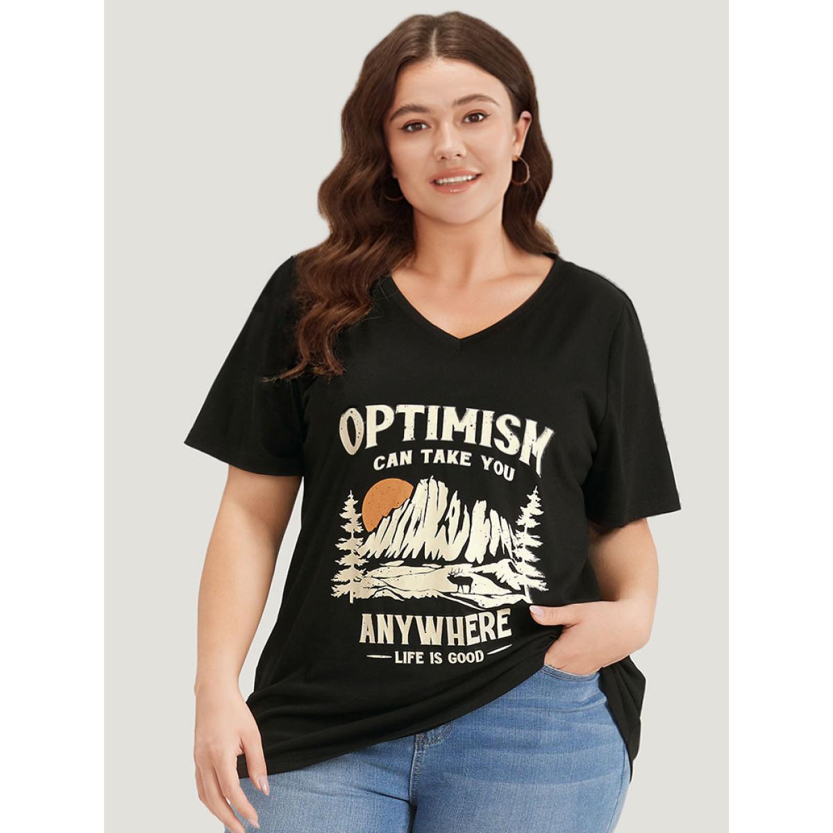Plus Size Landscape & Letter Print V Neck T-shirt Black Women Casual Printed Landscape Dailywear T-shirts BloomChic 30/6X Product Image